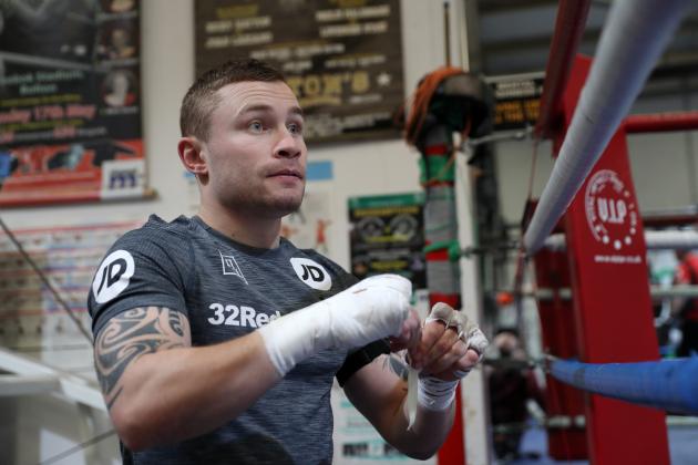 MANCHESTER, ENGLAND - FEBRUARY 20: Carl Frampton prepares for a work out during a media session at VIP Boxing Gym on February 20, 2018 in Manchester, England. (Photo by Mark Robinson/Getty Images)