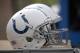 Indianapolis Colts helmets sit behind the bench during the first half of an NFL football game against the Jacksonville Jaguars Sunday, Dec. 3, 2017, in Jacksonville, Fla. (AP Photo/Phelan M. Ebenhack)