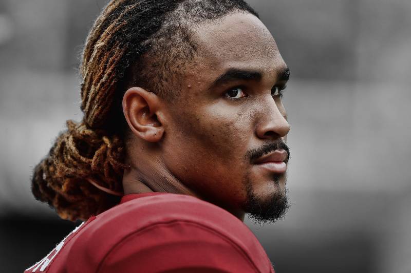 Alabama quarterback Jalen Hurts speaks during media day, Saturday, Jan. 6, 2018, in Atlanta. Georgia and Alabama will be playing for the NCAA football national championship on Monday, Jan. 8. (AP Photo/John Bazemore)