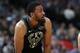Milwaukee Bucks forward Jabari Parker (12) in the second half overtime of an NBA basketball game Sunday, April 1, 2018. The Nuggets won 128-125 in overtime. (AP Photo/David Zalubowski)