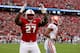 RALEIGH, NC - NOVEMBER 04: Justin Jones #27 of the North Carolina State Wolfpack reacts after a play as Kelly Bryant #2 of the Clemson Tigers walks off the field during their game at Carter Finley Stadium on November 4, 2017 in Raleigh, North Carolina. (Photo by Streeter Lecka/Getty Images)