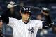 NEW YORK, NY - APRIL 17: Giancarlo Stanton #27 of the New York Yankees reacts after he hit a pop fly in the third inning against the Miami Marlins at Yankee Stadium on April 17, 2018 in the Bronx borough of New York City. (Photo by Elsa/Getty Images)