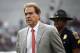 FILE - In this Nov. 25, 2017, file photo, Alabama head coach Nick Saban walks the field before the Iron Bowl NCAA college football game against Auburn, in Auburn, Ala. Write-in votes could help decide Alabama’s Senate race between Republican Roy Moore and Democrat Doug Jones. Saban often gets write-in votes in state elections. (AP Photo/Brynn Anderson, File)