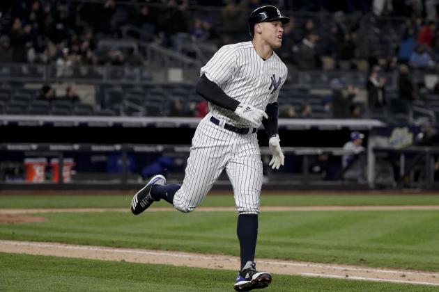 New York Yankees' Aaron Judge rounds the bases after hitting a solo home run against the Toronto Blue Jays during the seventh inning of a baseball game, Thursday, April 19, 2018, in New York. The Yankees won 4-3. (AP Photo/Julie Jacobson)
