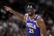 Philadelphia 76ers' Joel Embiid (21) reacts after scoring during the second half of Game 3 of a first-round NBA basketball playoff series against the Miami Heat, Thursday, April 19, 2018, in Miami. The 76ers won 128-108. (AP Photo/Lynne Sladky)