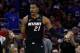 Miami Heat's Hassan Whiteside reacts during the first half in Game 1 of a first-round NBA basketball playoff series against the Philadelphia 76ers, Saturday, April 14, 2018, in Philadelphia. The 76ers won 130-103. (AP Photo/Chris Szagola)