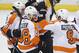 Philadelphia Flyers' Claude Giroux (28) celebrates his goal during the first period in Game 5 of an NHL first-round hockey playoff series against the Pittsburgh Penguins in Pittsburgh, Friday, April 20, 2018. (AP Photo/Gene J. Puskar)