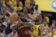 Cleveland Cavaliers' LeBron James (23) is defended by Indiana Pacers' Thaddeus Young during the second half of Game 3 of a first-round NBA basketball playoff series Friday, April 20, 2018, in Indianapolis. Indiana won 92-90. (AP Photo/Darron Cummings)