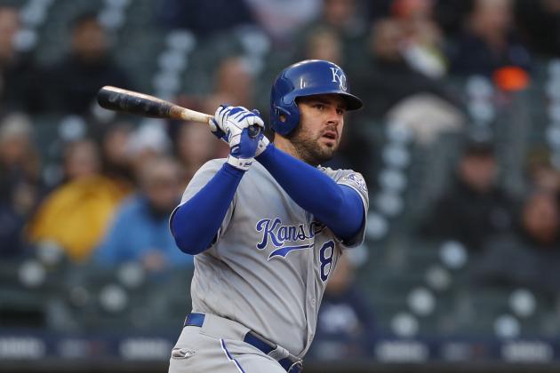 Kansas City Royals' Mike Moustakas bats against the Detroit Tigers in the third inning of a baseball game in Detroit, Friday, April 20, 2018. (AP Photo/Paul Sancya)