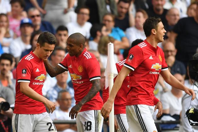 Manchester United's Spanish midfielder Ander Herrera (L) celebrates scoring the team's second goal, with teammates during the English FA Cup semi-final football match between Tottenham Hotspur and Manchester United at Wembley Stadium in London, on April 21, 2018. (Photo by Ben STANSALL / AFP) / NOT FOR MARKETING OR ADVERTISING USE / RESTRICTED TO EDITORIAL USE        (Photo credit should read BEN STANSALL/AFP/Getty Images)