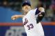 New York Mets' Matt Harvey (33) delivers a pitch during the first inning of a baseball game against the Milwaukee Brewers, Saturday, April 14, 2018, in New York. (AP Photo/Frank Franklin II)