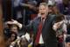Philadelphia 76ers head coach Brett Brown directs his team in the first quarter of play against the Miami Heat in Game 4 of a first-round NBA basketball playoff series, Saturday, April 21, 2018, in Miami. (AP Photo/Joe Skipper)