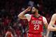 New Orleans Pelicans forward Anthony Davis reacts after making a 3-point shot during the first half of Game 4 of the team's first-round NBA basketball playoff series against the Portland Trail Blazers in New Orleans, Saturday, April 21, 2018. (AP Photo/Scott Threlkeld)