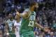 Boston Celtics forward Marcus Morris looks for a foul call after driving to the basket against the Milwaukee Bucks during the second half of an NBA basketball game Tuesday, April 3, 2018, in Milwaukee. (AP Photo/Darren Hauck)