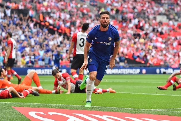 Chelsea's French striker Olivier Giroud celebrates scoring the opening goal during the English FA Cup semi-final football match between Chelsea and Southampton at Wembley Stadium in London, on April 22, 2018. (Photo by Glyn KIRK / AFP) / NOT FOR MARKETING OR ADVERTISING USE / RESTRICTED TO EDITORIAL USE        (Photo credit should read GLYN KIRK/AFP/Getty Images)