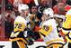 PHILADELPHIA, PA - APRIL 22: Patric Hornqvist #72 of the Pittsburgh Penguins (l) celebrates his second period goal against the Philadelphia Flyers and is joined by Jake Guentzel #59 (r) in Game Six of the Eastern Conference First Round during the 2018 NHL Stanley Cup Playoffs at the Wells Fargo Center on April 22, 2018 in Philadelphia, Pennsylvania. (Photo by Bruce Bennett/Getty Images)