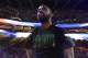 BOSTON, MA - FEBRUARY 28: Kyrie Irving #11 of the Boston Celtics stands with his team during the National Anthem before the game against the Charlotte Hornets on February 28, 2018 at the TD Garden in Boston, Massachusetts. NOTE TO USER: User expressly acknowledges and agrees that, by downloading and/or using this photograph, user is consenting to the terms and conditions of the Getty Images License Agreement. Mandatory Copyright Notice: Copyright 2018 NBAE (Photo by Brian Babineau/NBAE via Getty Images)