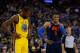 OAKLAND, CA - FEBRUARY 24: Kevin Durant #35 of the Golden State Warriors lines up on Russell Westbrook #0 of the Oklahoma City Thunder at a free-throw during their game at ORACLE Arena on February 24, 2018 in Oakland, California. NOTE TO USER: User expressly acknowledges and agrees that, by downloading and or using this photograph, User is consenting to the terms and conditions of the Getty Images License Agreement. (Photo by Lachlan Cunningham/Getty Images)