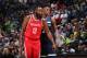 MINNEAPOLIS, MN - APRIL 23: James Harden #13 of the Houston Rockets and Jimmy Butler #23 of the Minnesota Timberwolves look on in Game Four of Round One of the 2018 NBA Playoffs on April 23, 2018 at Target Center in Minneapolis, Minnesota. NOTE TO USER: User expressly acknowledges and agrees that, by downloading and or using this Photograph, user is consenting to the terms and conditions of the Getty Images License Agreement. Mandatory Copyright Notice: Copyright 2018 NBAE (Photo by David Sherman/NBAE via Getty Images)