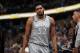 Minnesota Timberwolves center Karl-Anthony Towns (32) in the second half of an NBA basketball game Thursday, April 5, 2018, in Denver. The Nuggets won 100-96. (AP Photo/David Zalubowski)