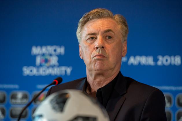GENEVA, SWITZERLAND - APRIL 20: Head Coach Carlo Ancelotti looks on during the Press Conference of Match for Solidarity on April 20, 2018 at Grand Hotel Kempinski in Geneva, Switzerland. (Photo by Robert Hradil/Getty Images)