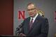 Nebraska athletic director Bill Moos speaking at a news conference announcing the firing of head football coach Mike Riley in Lincoln, Neb., Saturday, Nov. 25, 2017. (AP Photo/John Peterson)