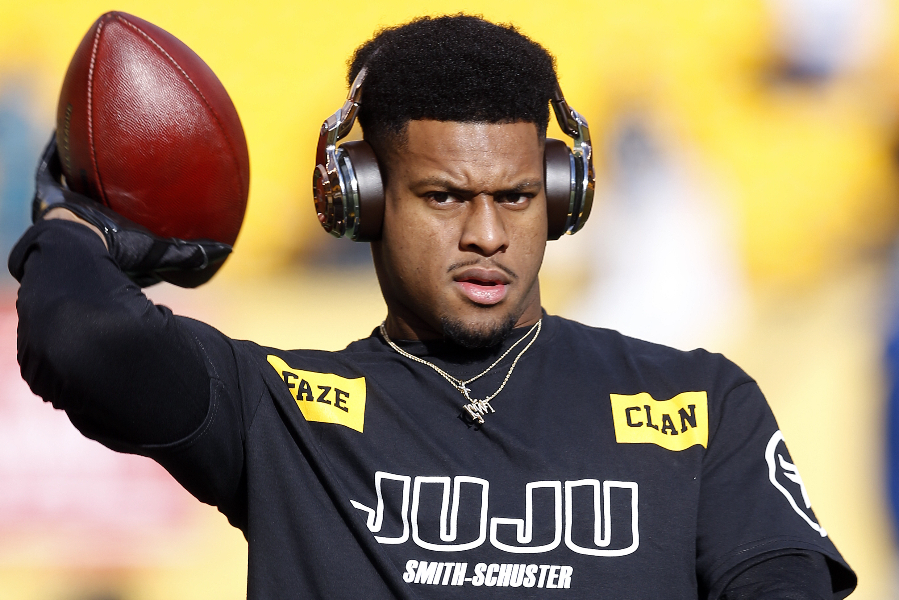 Behind The Steel Curtain - JuJu Smith-Schuster's helmet features an  inscription of his dog, Boujee on the visor 