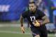 LSU running back Derrius Guice runs a drill during the NFL football scouting combine, Friday, March 2, 2018, in Indianapolis. (AP Photo/Darron Cummings)