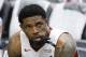 Miami Heat forward Udonis Haslem (40) watches warmups from the bench before play against the Philadelphia 76ers in Game 4 of a first-round NBA basketball playoff series, Saturday, April 21, 2018, in Miami. (AP Photo/Joe Skipper)