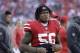 FILE - In this Oct. 22, 2017, file photo, San Francisco 49ers linebacker Reuben Foster (56) stands on the sideline during an NFL football game against the Dallas Cowboys in Santa Clara, Calif. Authorities say San Francisco 49ers linebacker Reuben Foster has been charged with felony domestic violence after being accused of attacking his girlfriend. The Santa Clara County District Attorney says Foster was charged Thursday, April 12, 2018, and is scheduled to be arraigned later in the day in San Jose. Prosecutors say the 24-year-old Foster attacked his girlfriend in February at their Los Gatos home, leaving her bruised and with a ruptured ear drum. (AP Photo/Marcio Jose Sanchez, File)