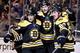 BOSTON, MA - APRIL 25: Torey Krug #47 of the Boston Bruins, David Backes #42 and Brad Marchand #63 celebrate with Patrice Bergeron #37 after he scored a goal against the Toronto Maple Leafs during the first period of Game Seven of the Eastern Conference First Round in the 2018 Stanley Cup play-offs at TD Garden on April 25, 2018 in Boston, Massachusetts. (Photo by Maddie Meyer/Getty Images)