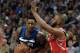 MINNEAPOLIS, MN - APRIL 21: Chris Paul #3 of the Houston Rockets fouls Jamal Crawford #11 of the Minnesota Timberwolves during the fourth quarter in Game Three of Round One of the 2018 NBA Playoffs on April 21, 2018 at the Target Center in Minneapolis, Minnesota. The Timberwolves defeated 121-105. NOTE TO USER: User expressly acknowledges and agrees that, by downloading and or using this Photograph, user is consenting to the terms and conditions of the Getty Images License Agreement. (Photo by Hannah Foslien/Getty Images)