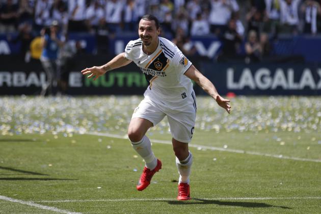 Los Angeles Galaxy's Zlatan Ibrahimovic, of Sweden, celebrates his goal during the second half of an MLS soccer match against the Los Angeles FC Saturday, March 31, 2018, in Carson, Calif. The Galaxy won 4-3. (AP Photo/Jae C. Hong)