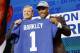 Penn State's Saquon Barkley, right, poses with commissioner Roger Goodell after being selected by the New York Giants during the first round of the NFL football draft, Thursday, April 26, 2018, in Arlington, Texas. (AP Photo/David J. Phillip)