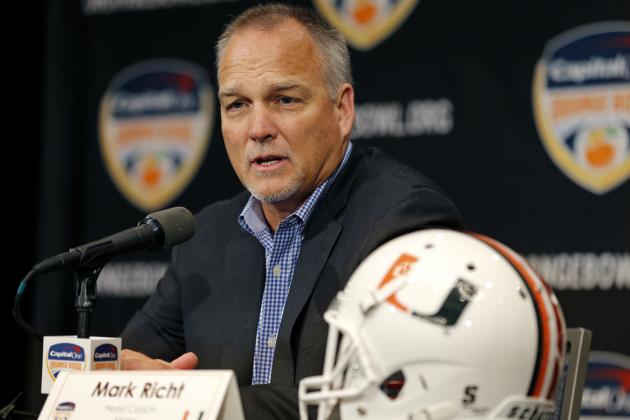 Miami head coach Mark Richt speaks at an NCAA college football news conference in Fort Lauderdale, Fla., Friday, Dec. 29, 2017. Miami plays Wisconsin in the Orange Bowl on Saturday, Dec. 30. (AP Photo/Joe Skipper)