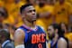SALT LAKE CITY, UT - APRIL 27: Russell Westbrook #0 of the Oklahoma City Thunder looks on during Game Six of Round One of the 2018 NBA Playoffs against the Utah Jazz at Vivint Smart Home Arena on April 27, 2018 in Salt Lake City, Utah. NOTE TO USER: User expressly acknowledges and agrees that, by downloading and or using this photograph, User is consenting to the terms and conditions of the Getty Images License Agreement. (Photo by Gene Sweeney Jr./Getty Images)