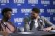 NEW ORLEANS, LA - APRIL 21: Anthony Davis #23 of the New Orleans Pelicans and Jrue Holiday #11 of the New Orleans Pelicans react while speaking with media after the game against the Portland Trail Blazers in Game Four of Round One of the 2018 NBA Playoffs on April 21, 2018 at Smoothie King Center in New Orleans, Louisiana. NOTE TO USER: User expressly acknowledges and agrees that, by downloading and or using this Photograph, user is consenting to the terms and conditions of the Getty Images License Agreement. Mandatory Copyright Notice: Copyright 2018 NBAE (Photo by Layne Murdoch/NBAE via Getty Images)