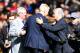Arsenal's French manager Arsene Wenger (C) is greeted by Manchester United's former manager Alex Ferguson (L) and Manchester United's Portuguese manager Jose Mourinho (R) during a presentation before the English Premier League football match between Manchester United and Arsenal at Old Trafford in Manchester, north west England, on April 29, 2018. - Arsene Wenger is unsure of the welcome he will receive on his final visit to Old Trafford as Arsenal boss on Sunday after many 'great battles' against Manchester United during his two decades in charge. (Photo by Paul ELLIS / AFP) / RESTRICTED TO EDITORIAL USE. No use with unauthorized audio, video, data, fixture lists, club/league logos or 'live' services. Online in-match use limited to 75 images, no video emulation. No use in betting, games or single club/league/player publications. / (Photo credit should read PAUL ELLIS/AFP/Getty Images)