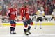 WASHINGTON, DC - APRIL 26: Alex Ovechkin #8 of the Washington Capitals celebrates a goal by Evgeny Kuznetsov #92 against the Pittsburgh Penguins in Game One of the Eastern Conference Second Round during the 2018 NHL Stanley Cup Playoffs at the Capital One Arena on April 26, 2018 in Washington, DC. The Penguins defeated the Capitals 3-2. (Photo by Bruce Bennett/Getty Images)