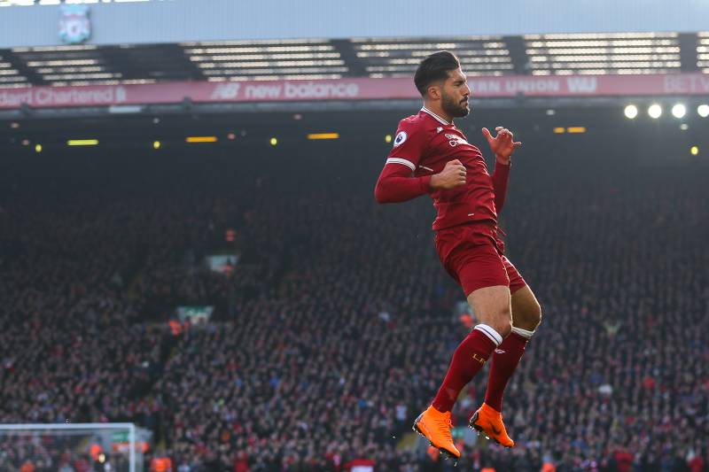 LIVERPOOL, ENGLAND - FEBRUARY 24: Emre Can of Liverpool celebrates after scoring a goal to make it 1-0 during the Premier League match between Liverpool and West Ham United at Anfield on February 24, 2018 in Liverpool, England. (Photo by Robbie Jay Barratt - AMA/Getty Images)