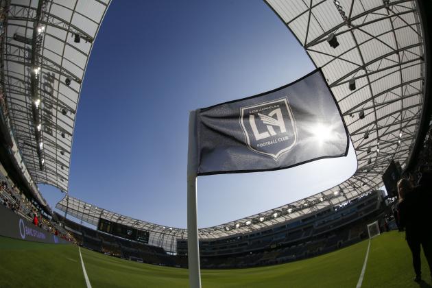 In this photo taken with a fisheye lens, a flag flies at the new Banc of California Stadium prior to an MLS soccer game between Los Angeles FC and the Seattle Sounders in Los Angeles, Sunday, April 29, 2018. (AP Photo/Ringo H.W. Chiu)