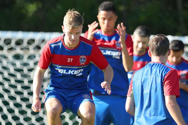 NEWCASTLE, AUSTRALIA - MAY 01: Riley McGree of the Jets during a Newcastle Jets A-League training session at Ray Watt Oval on May 1, 2018 in Newcastle, Australia. (Photo by Tony Feder/Getty Images)