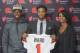   Cleveland Browns first round pick, Denzel Ward, center, stands with his brother Paul Ward III, left and mother, Nicole Ward after a press conference at Browns Headquarters in Berea, Ohio on Friday, April 27, 2018 Ward was the fourth selection of the project. (Photo AP / Phil Long) 