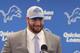 The Detroit Lions first-round NFL football draft pick Frank Ragnow addresses the media at the team's training facility, Friday, April 27, 2018, in Allen Park, Mich. (AP Photo/Carlos Osorio)