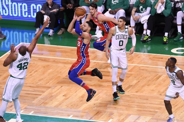 BOSTON, MA - APRIL 30: Ben Simmons #25 of the Philadelphia 76ers lays up a shot against Al Horford #42 of the Boston Celtics during Game One of the Eastern Conference Semifinals of the 2018 NBA Playoffs on April 30, 2018 at TD Garden on April 30, 2018 in Boston, Massachusetts. NOTE TO USER: User expressly acknowledges and agrees that, by downloading and or using this photograph, User is consenting to the terms and conditions of the Getty Images License Agreement. (Photo by Matteo Marchi/Getty Images) *** Local Caption *** Ben Simmons; Al Horford
