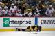 PITTSBURGH, PA - MAY 01: Zach Aston-Reese #46 of the Pittsburgh Penguins lays on the ice after getting hit by Tom Wilson #43 of the Washington Capitals in Game Three of the Eastern Conference Second Round during the 2018 NHL Stanley Cup Playoffs at PPG PAINTS Arena on May 1, 2018 in Pittsburgh, Pennsylvania. (Photo by Kirk Irwin/Getty Images) *** Local Caption *** Zach Aston-Reese