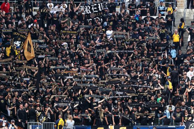 CARSON, CA - MARCH 31: Fans of LAFC during the MLS match between Los Angeles FC and Los Angeles Galaxy at StubHub Center on March 31, 2018 in Carson, California. (Photo by Matthew Ashton - AMA/Getty Images)
