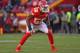 KANSAS CITY, MO - DECEMBER 10: Inside linebacker Derrick Johnson #56 of the Kansas City Chiefs gets set on defense against the Oakland Raiders during the second half at Arrowhead Stadium on December 10, 2017 in Kansas City, Missouri. (Photo by Peter G. Aiken/Getty Images)