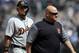 Detroit Tigers designated hitter Miguel Cabrera, left, leaves with injury during the sixth inning of a baseball game against the Kansas City Royals at Kauffman Stadium in Kansas City, Mo., Thursday, May 3, 2018. (AP Photo/Orlin Wagner)