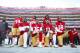 SANTA CLARA, CA - DECEMBER 17: Eli Harold #57, Eric Reid #35, Marquise Goodwin #11 and Louis Murphy #18 of the San Francisco 49ers kneel on the sideline during the anthem as Solomon Thomas #94, Reuben Foster #56 and Adrian Colbert #38 stand with them in support, prior to the game against the Tennessee Titans at Levi's Stadium on December 17, 2017 in Santa Clara, California. The 49ers defeated the Titans 25-23. (Photo by Michael Zagaris/San Francisco 49ers/Getty Images)